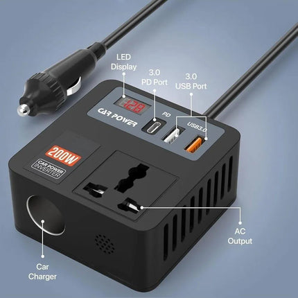 200W 5-in-1 Car Power Inverter & Laptop Charger | 12V/24V DC to 220V AC Converter with USB-C PD 30W, QC3.0, LED Display