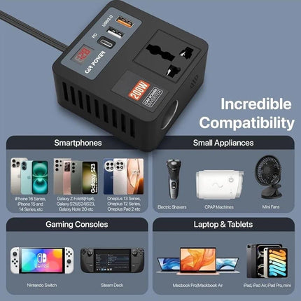 200W 5-in-1 Car Power Inverter & Laptop Charger | 12V/24V DC to 220V AC Converter with USB-C PD 30W, QC3.0, LED Display