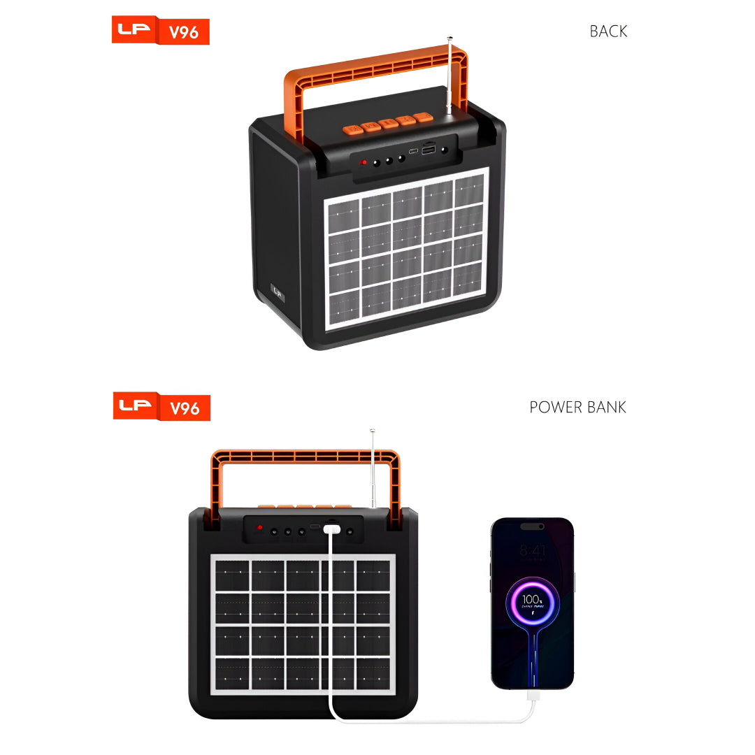 LP V96 Outdoor Solar Bluetooth Speaker with 10W Power, Flashlight, Power Bank & FM Radio – 4500mAh Battery