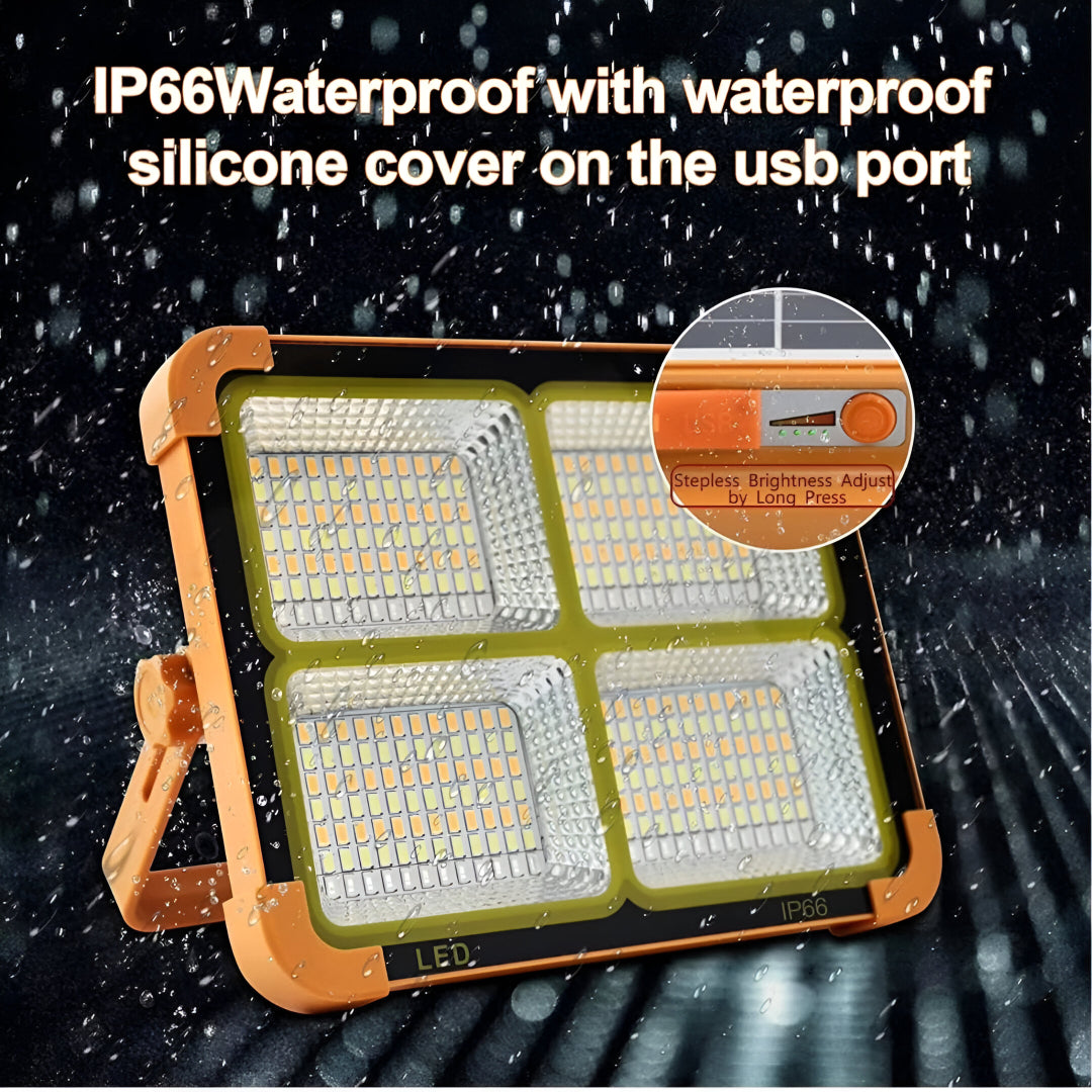 Solar Outdoor LED Work Light 1000W – 336 LEDs, Rechargeable Power Bank, IP66 Waterproof, 4 Modes, Portable Camping & Emergency Light