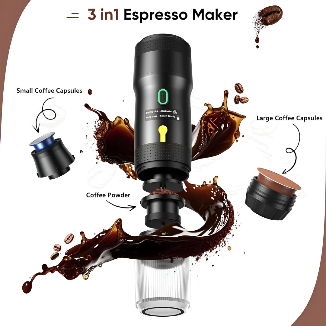 Portable Electric Espresso Maker – 20 Bar Pressure, USB & Car Charger, Self-Heating, 3-in-1 Capsule Compatible