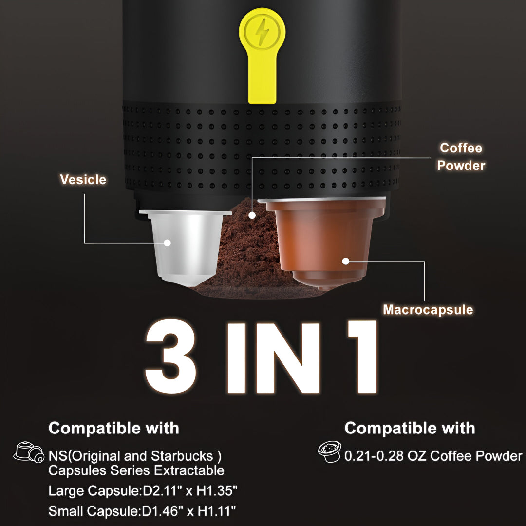 Portable Electric Espresso Maker – 20 Bar Pressure, USB & Car Charger, Self-Heating, 3-in-1 Capsule Compatible
