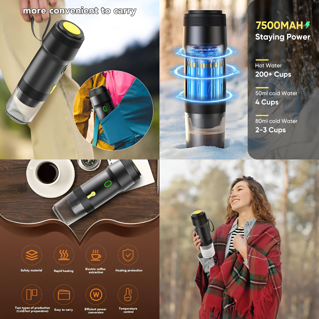 Portable Electric Espresso Maker – 20 Bar Pressure, USB & Car Charger, Self-Heating, 3-in-1 Capsule Compatible