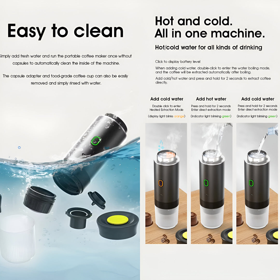 Portable Electric Espresso Maker – 20 Bar Pressure, USB & Car Charger, Self-Heating, 3-in-1 Capsule Compatible