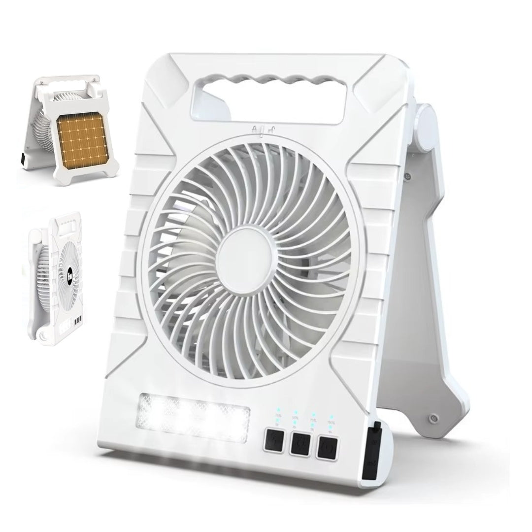 Solar Powered Camping Fan with LED Light, Power Bank, Solar & Type-C Charging | 4-Speed, Timer & Flashlight – Portable Fan for Camping, Travel & Emergency Use