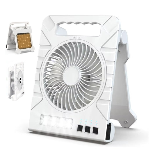 Solar Powered Camping Fan with LED Light, Power Bank, Solar & Type-C Charging | 4-Speed, Timer & Flashlight – Portable Fan for Camping, Travel & Emergency Use
