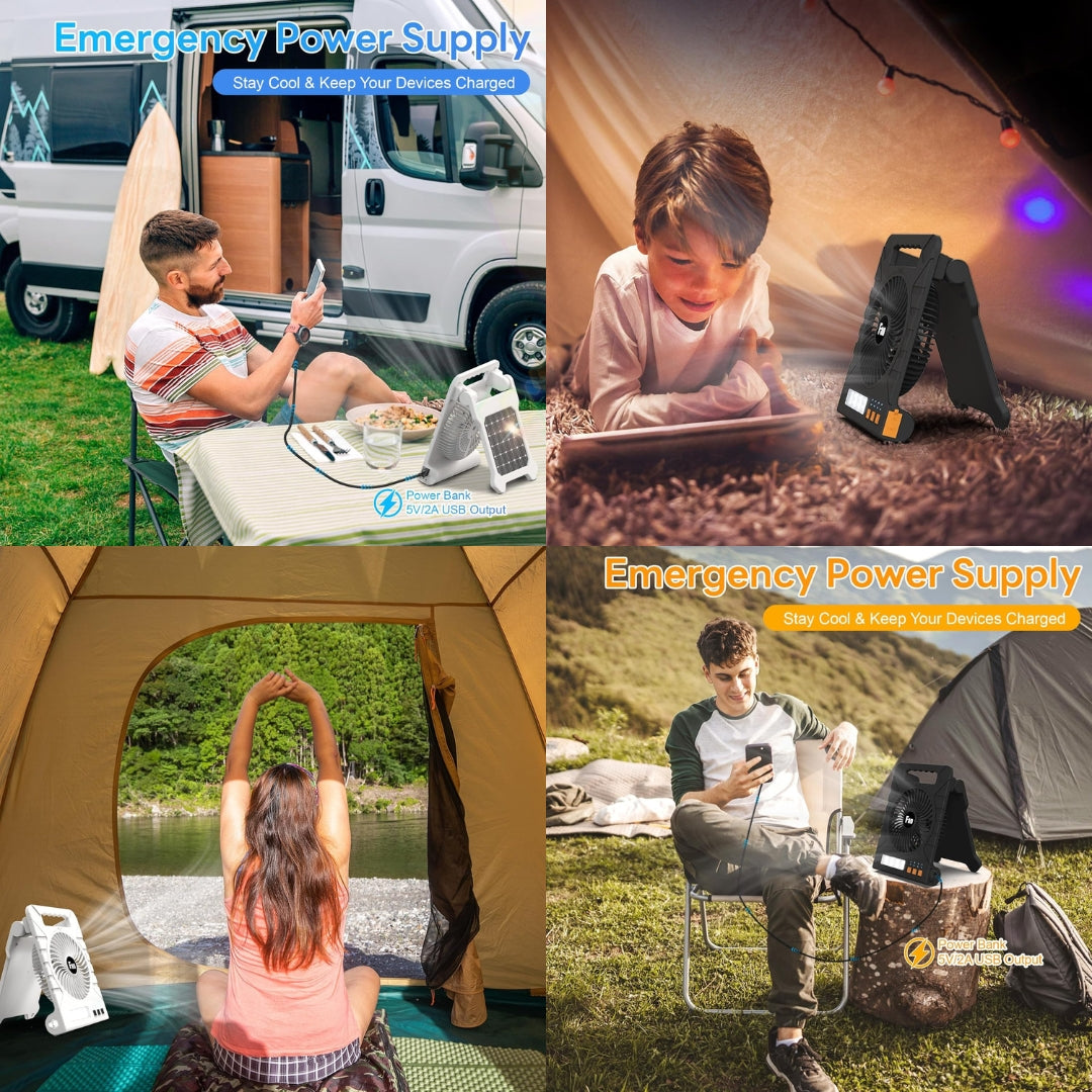 Solar Powered Camping Fan with LED Light, Power Bank, Solar & Type-C Charging | 4-Speed, Timer & Flashlight – Portable Fan for Camping, Travel & Emergency Use