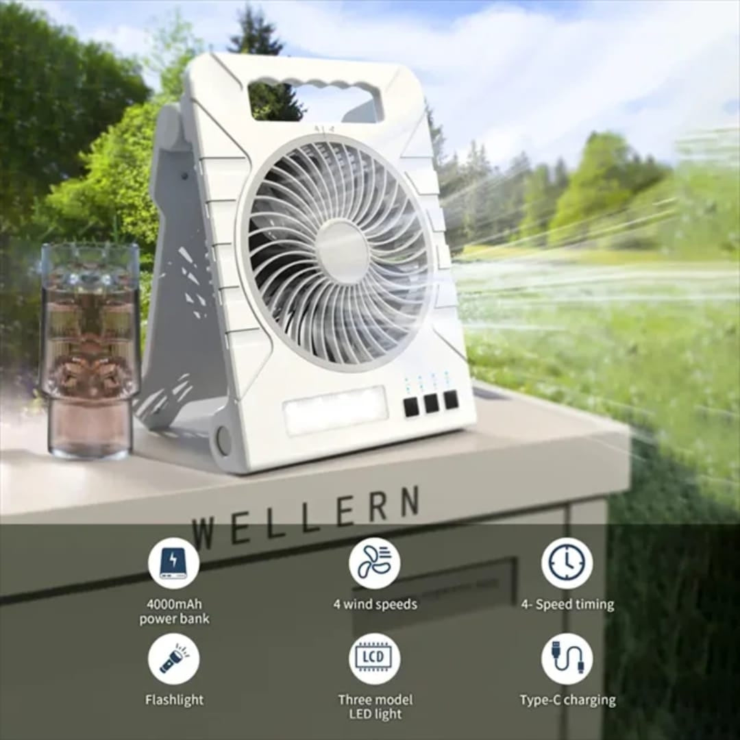 Solar Powered Camping Fan with LED Light, Power Bank, Solar & Type-C Charging | 4-Speed, Timer & Flashlight – Portable Fan for Camping, Travel & Emergency Use