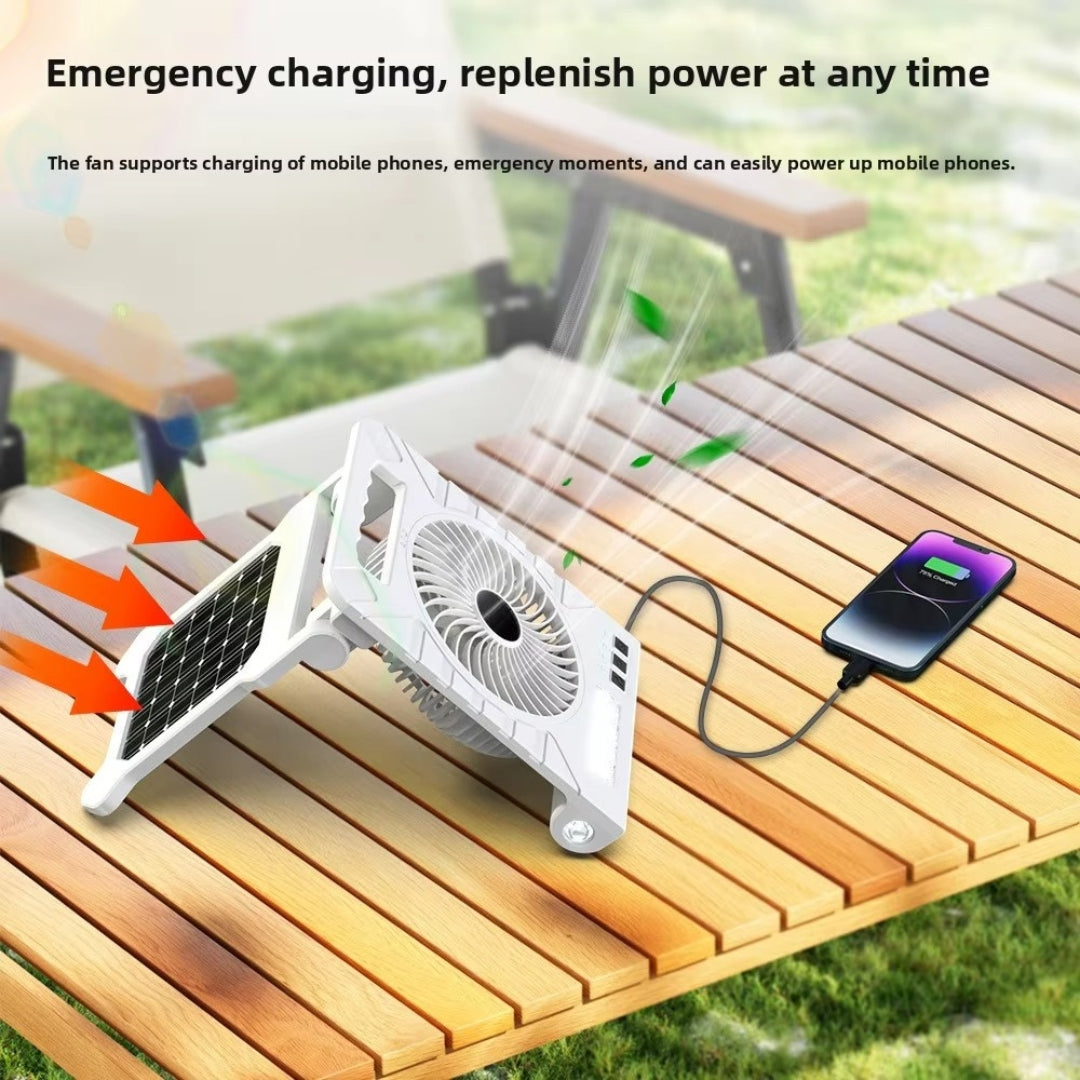 Solar Powered Camping Fan with LED Light, Power Bank, Solar & Type-C Charging | 4-Speed, Timer & Flashlight – Portable Fan for Camping, Travel & Emergency Use