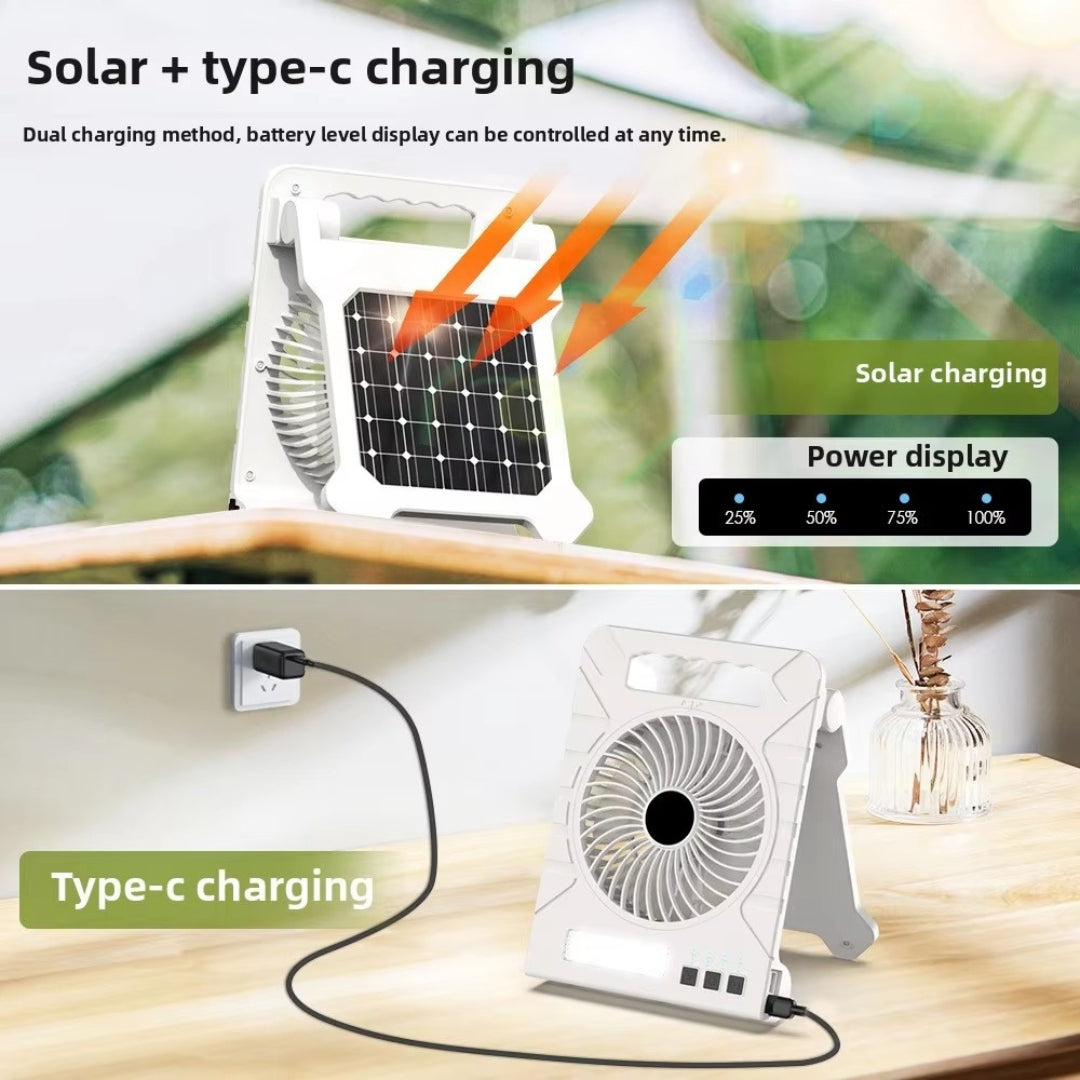 Solar Powered Camping Fan with LED Light, Power Bank, Solar & Type-C Charging | 4-Speed, Timer & Flashlight – Portable Fan for Camping, Travel & Emergency Use