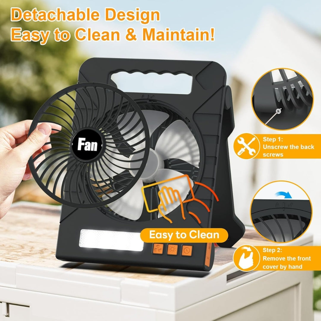 Solar Powered Camping Fan with LED Light, Power Bank, Solar & Type-C Charging | 4-Speed, Timer & Flashlight – Portable Fan for Camping, Travel & Emergency Use