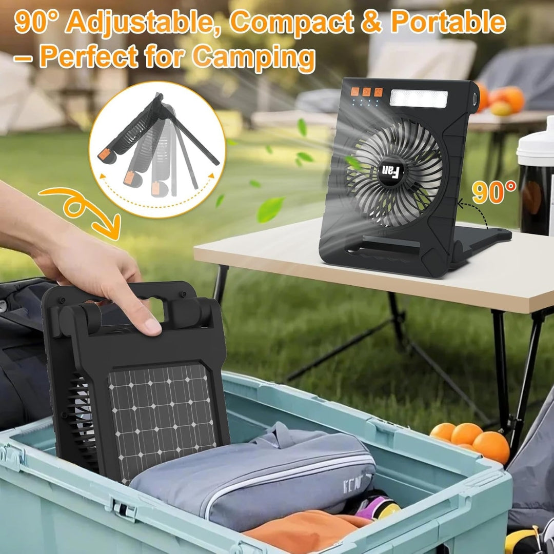 Solar Powered Camping Fan with LED Light, Power Bank, Solar & Type-C Charging | 4-Speed, Timer & Flashlight – Portable Fan for Camping, Travel & Emergency Use
