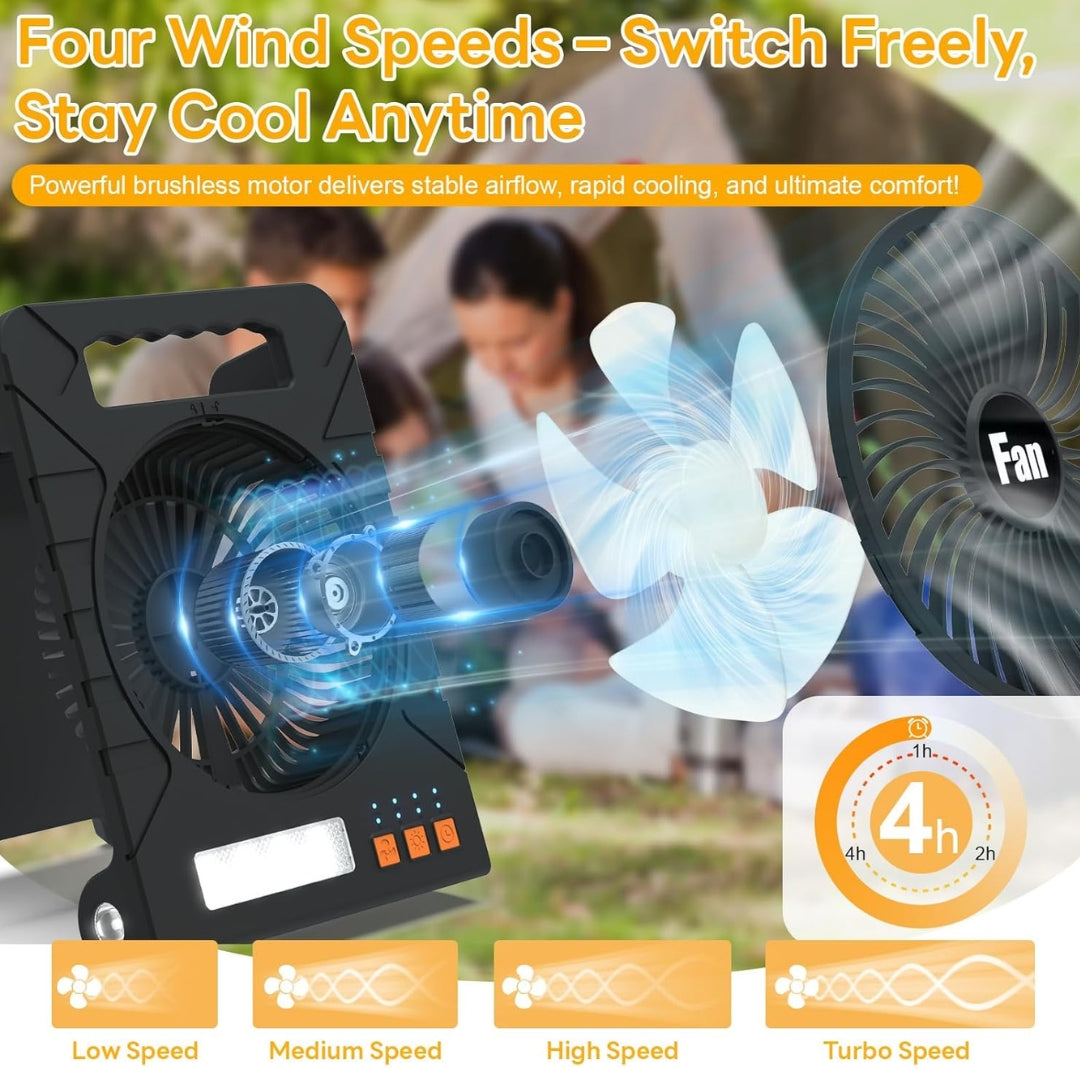 Solar Powered Camping Fan with LED Light, Power Bank, Solar & Type-C Charging | 4-Speed, Timer & Flashlight – Portable Fan for Camping, Travel & Emergency Use