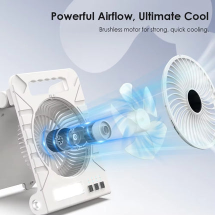 Solar Powered Camping Fan with LED Light, Power Bank, Solar & Type-C Charging | 4-Speed, Timer & Flashlight – Portable Fan for Camping, Travel & Emergency Use