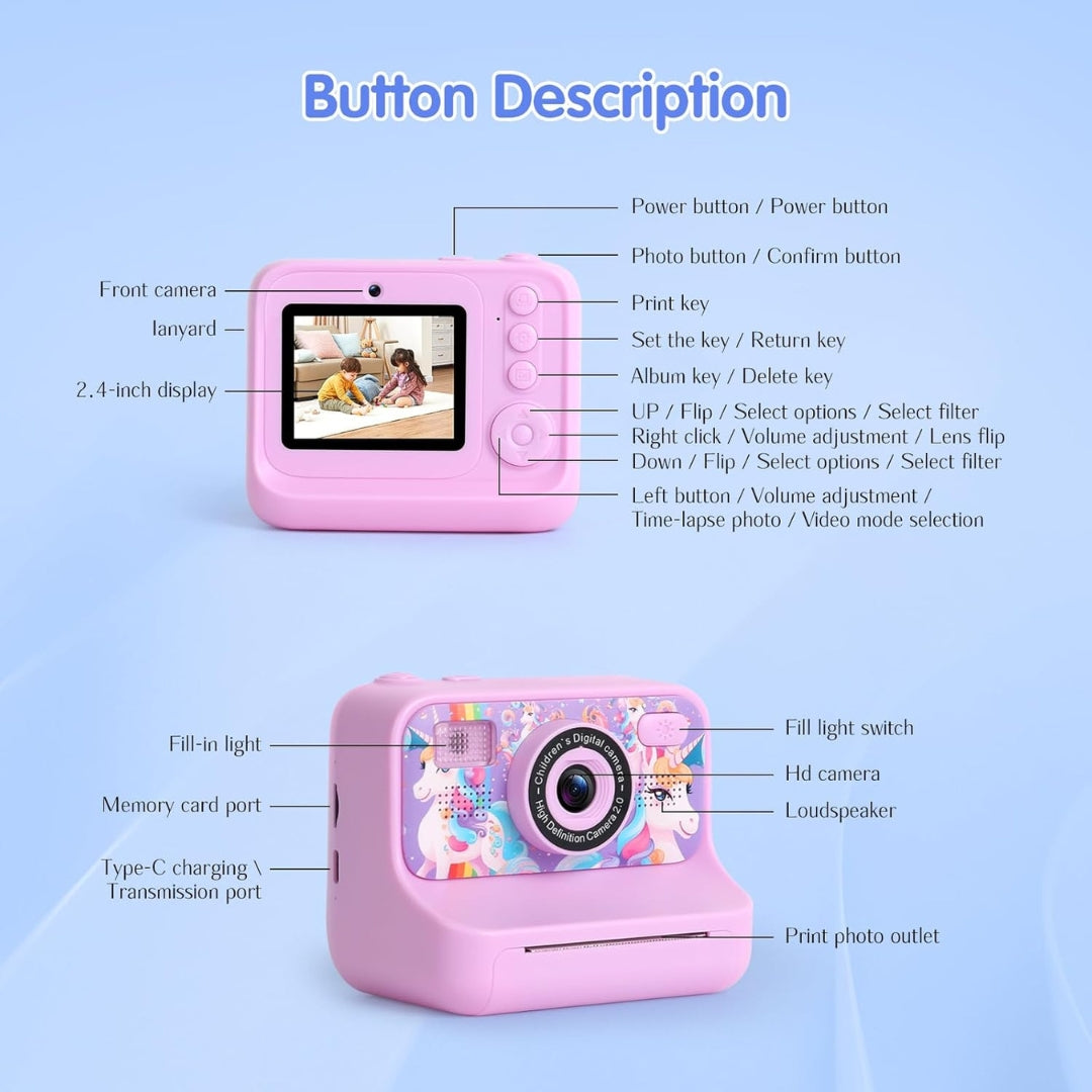 Kids Instant Print Digital Camera – 48MP Dual Lens, 1080P Video, 32GB SD Card, Games, DIY Drawing & Inkless Printing | Ages 3-12