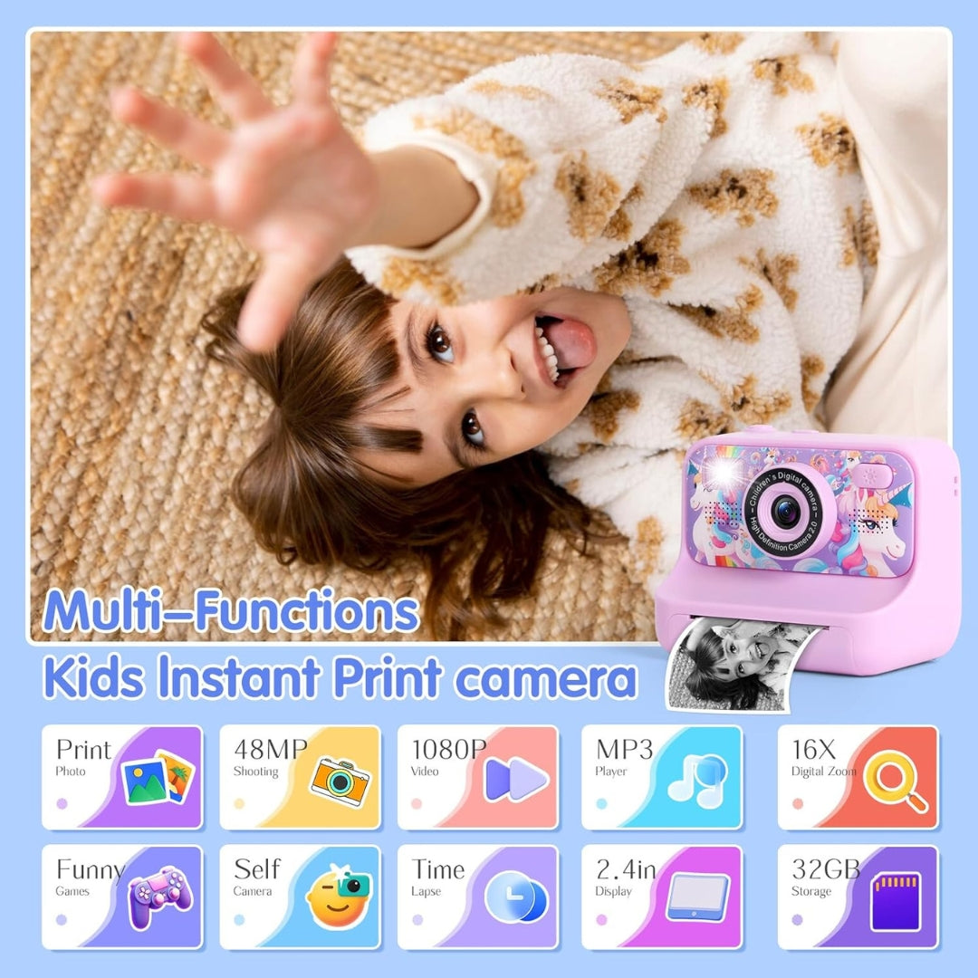Kids Instant Print Digital Camera – 48MP Dual Lens, 1080P Video, 32GB SD Card, Games, DIY Drawing & Inkless Printing | Ages 3-12