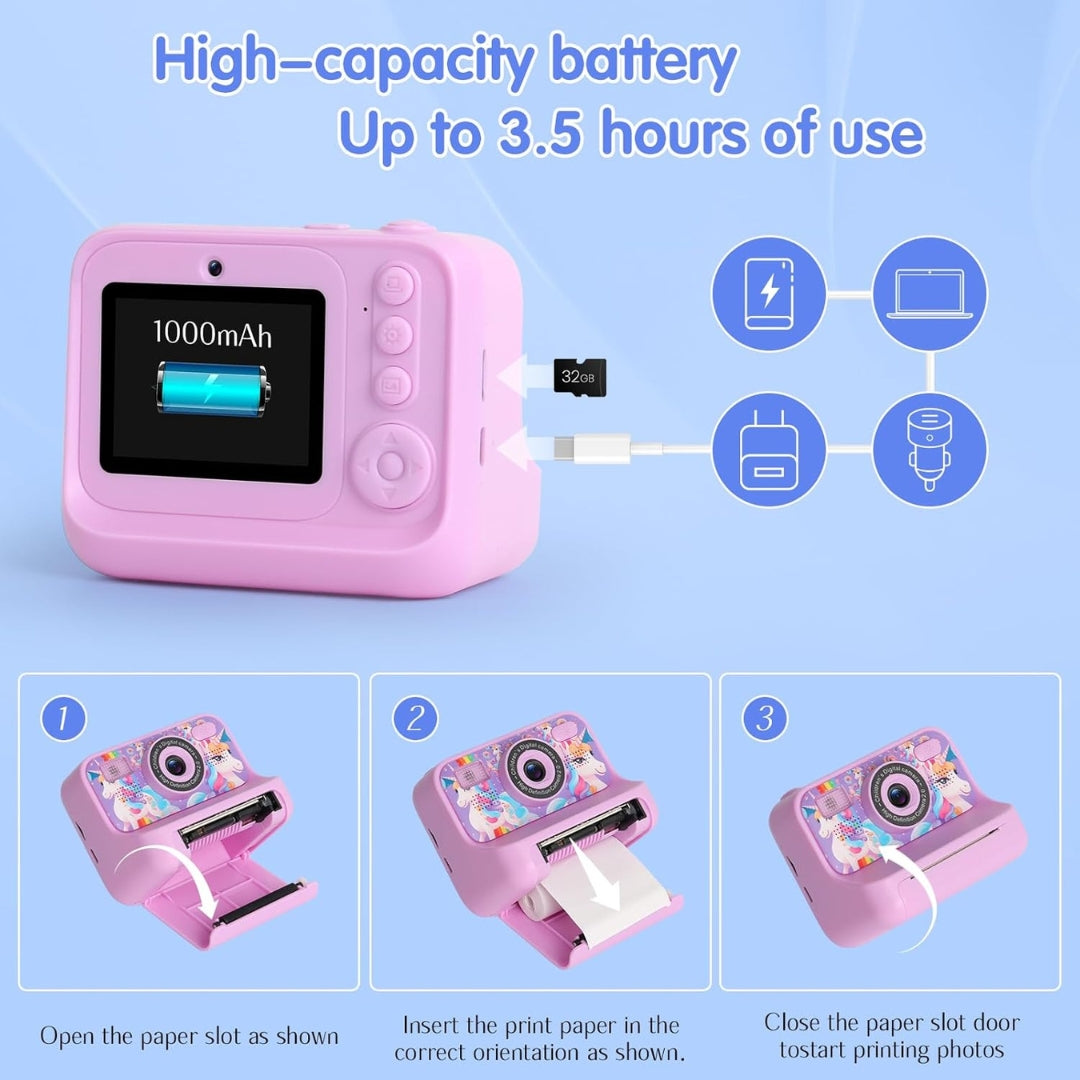 Kids Instant Print Digital Camera – 48MP Dual Lens, 1080P Video, 32GB SD Card, Games, DIY Drawing & Inkless Printing | Ages 3-12