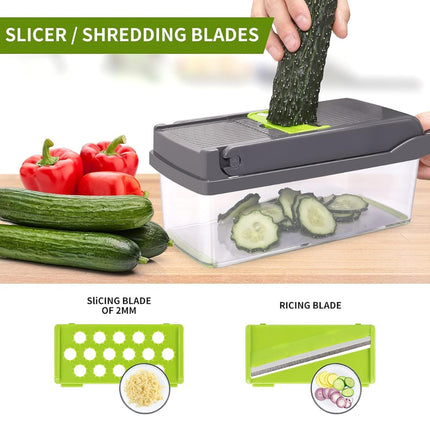 Multifunctional Vegetable Chopper & Mandoline Slicer with Handle – Adjustable Blades, Food Dicer & Storage Container