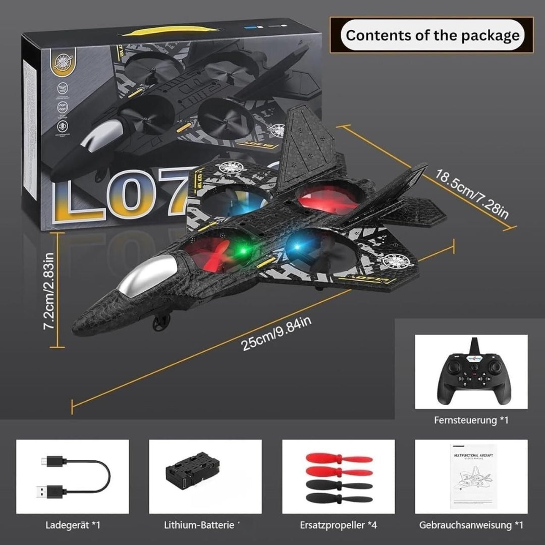 L0712 Remote Control Airplane with LED Lights – 2.4GHz RC Fighter Jet for Kids & Adults | One-Click Takeoff, Stunts & 80m Range