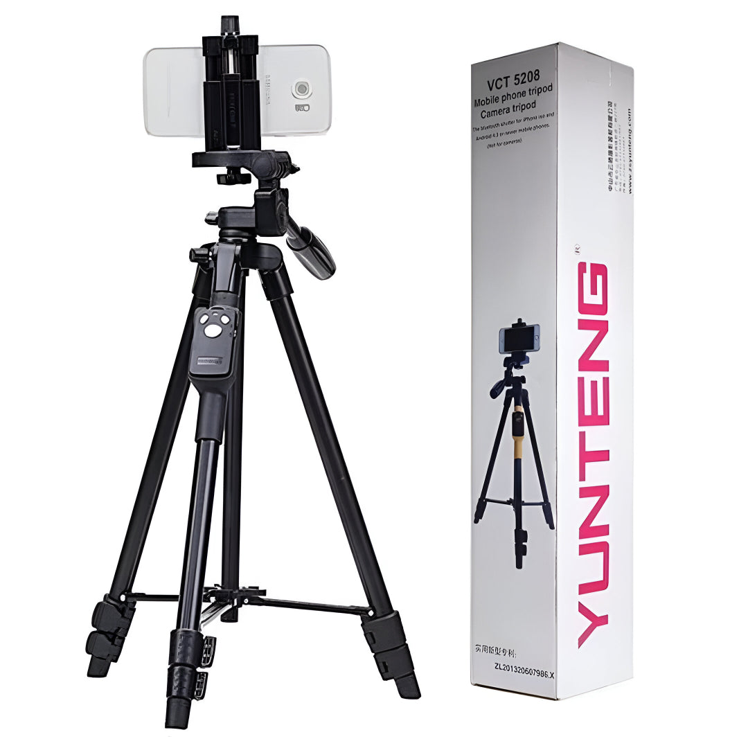 YUNTENG VCT-5208 Tripod with Bluetooth Remote for Mobile Phones, DSLR & Action Cameras | 360° Pan & Tilt | Height Adjustable 43–125cm