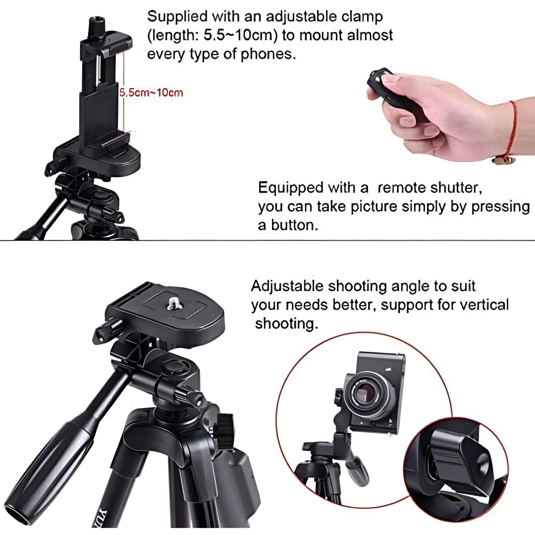 YUNTENG VCT-5208 Tripod with Bluetooth Remote for Mobile Phones, DSLR & Action Cameras | 360° Pan & Tilt | Height Adjustable 43–125cm