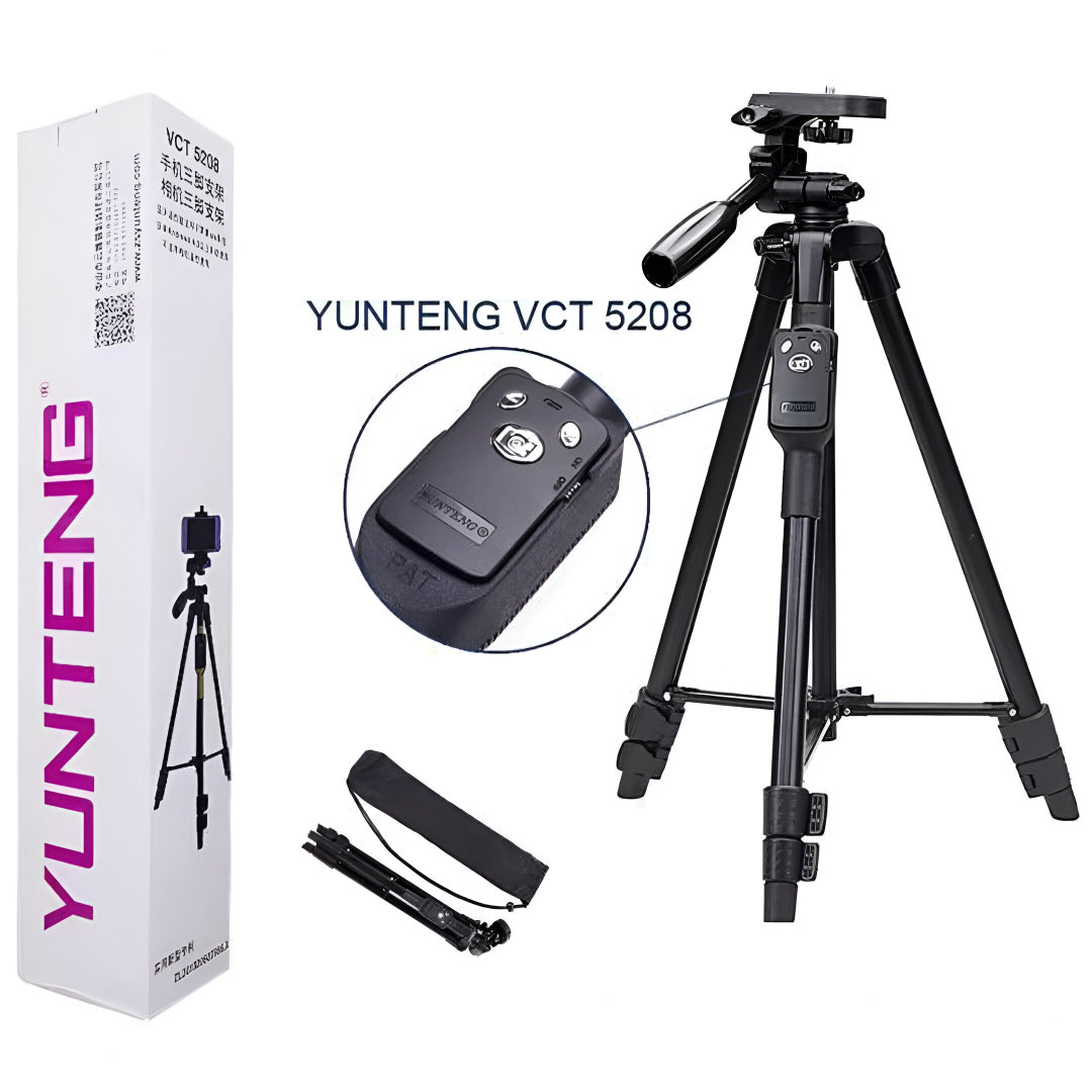 YUNTENG VCT-5208 Tripod with Bluetooth Remote for Mobile Phones, DSLR & Action Cameras | 360° Pan & Tilt | Height Adjustable 43–125cm