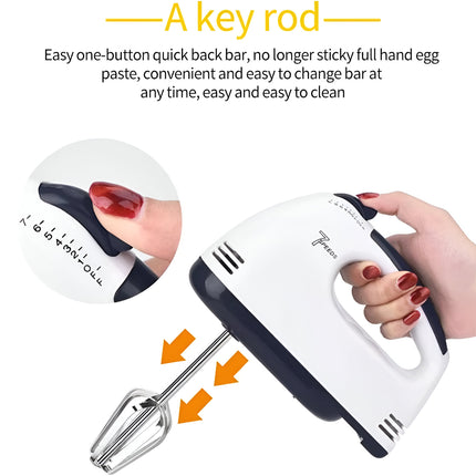 7-Speed Electric Hand Mixer – Portable Egg Beater, Dough Kneader & Cream Whipper with Stainless Steel Beaters & Hooks