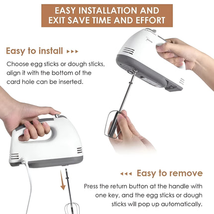 7-Speed Electric Hand Mixer – Portable Egg Beater, Dough Kneader & Cream Whipper with Stainless Steel Beaters & Hooks