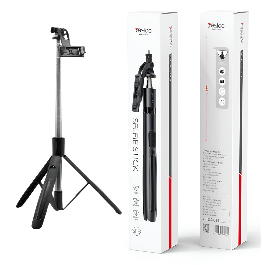Yesido SF13 2-in-1 Bluetooth Tripod & Monopod – 1.58M Telescopic Selfie Stick with Remote, 360° Rotation, LED Light & Camera Compatible