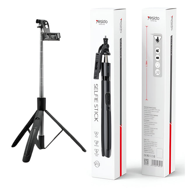 Yesido SF13 2-in-1 Bluetooth Tripod & Monopod – 1.58M Telescopic Selfie Stick with Remote, 360° Rotation, LED Light & Camera Compatible