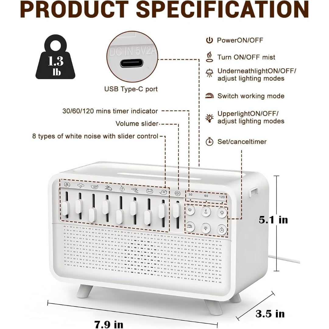 White Noise Sleep Sound Machine with Diffuser | 8 Ambient Sounds, Bluetooth Speaker, Night Light & Humidifier