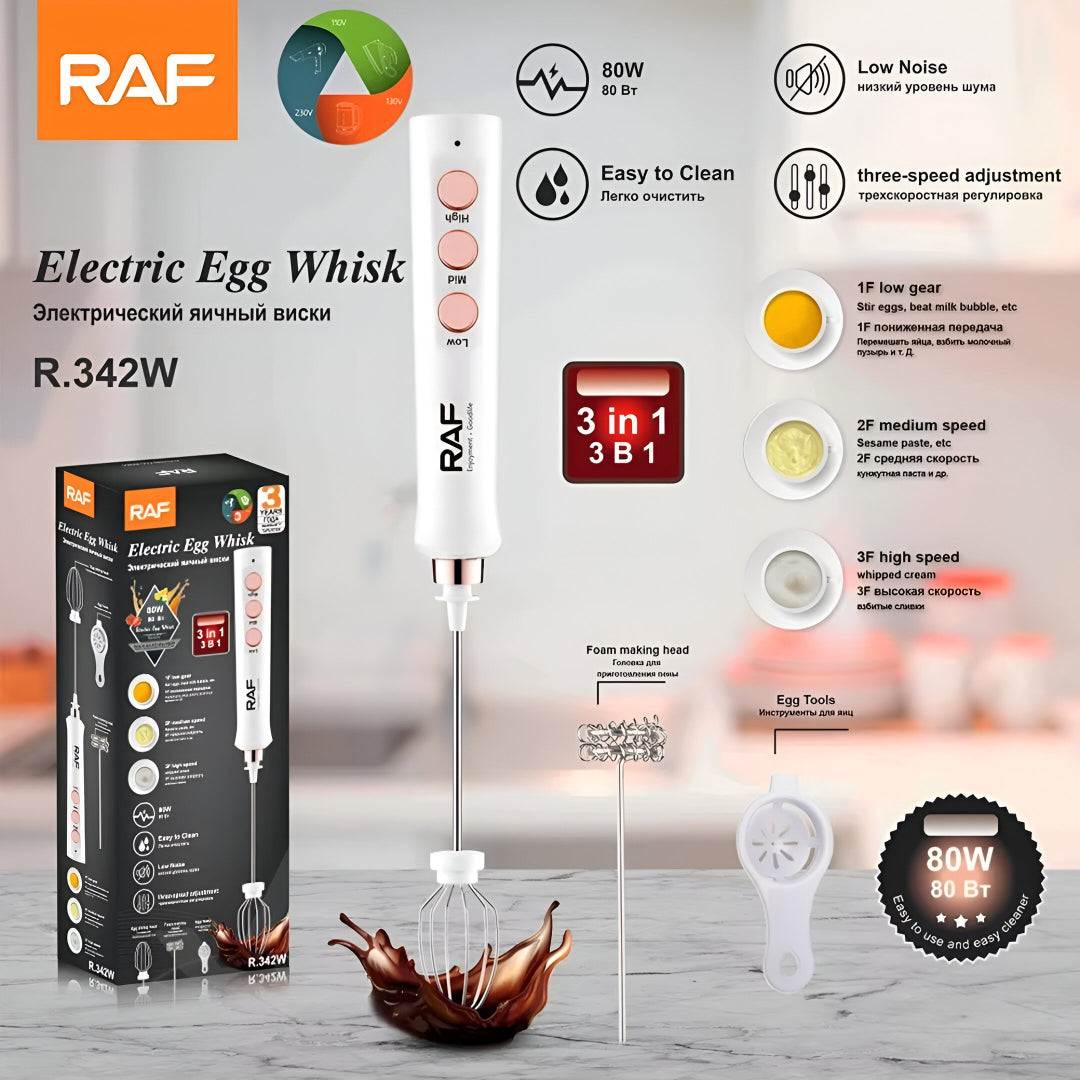 RAF 3-in-1 Rechargeable Milk Frother & Electric Egg Whisk | 3-Speed Handheld Mixer with Stainless Steel Whisk