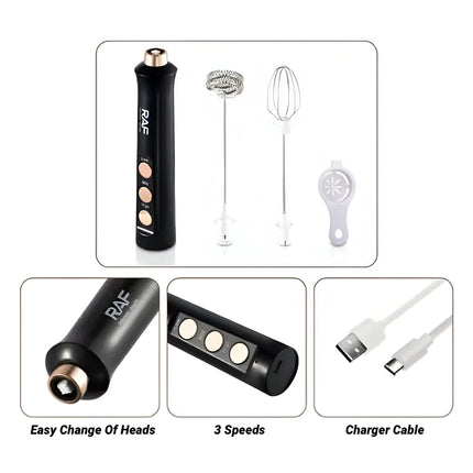 RAF 3-in-1 Rechargeable Milk Frother & Electric Egg Whisk | 3-Speed Handheld Mixer with Stainless Steel Whisk
