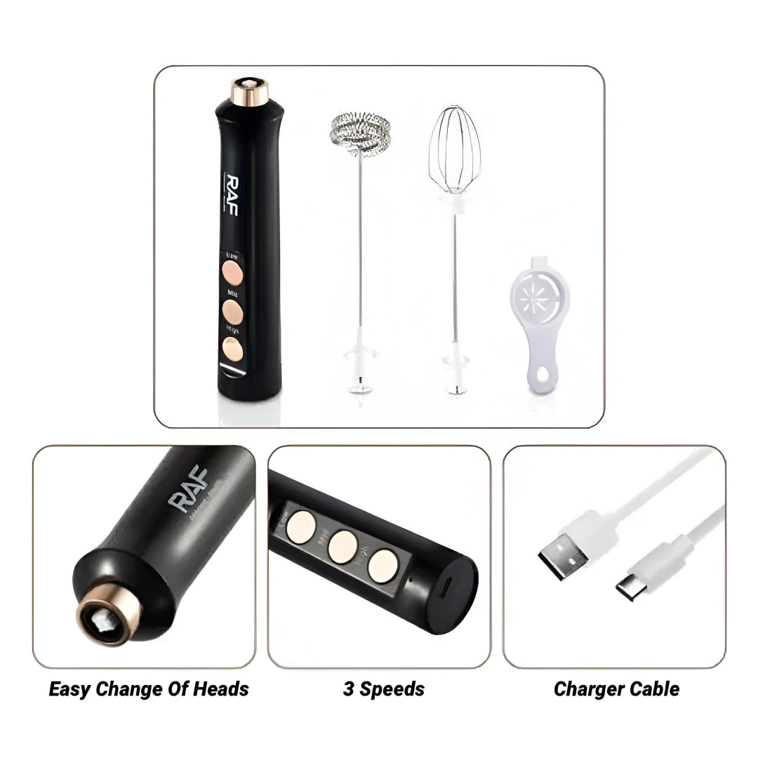 RAF 3-in-1 Rechargeable Milk Frother & Electric Egg Whisk | 3-Speed Handheld Mixer with Stainless Steel Whisk