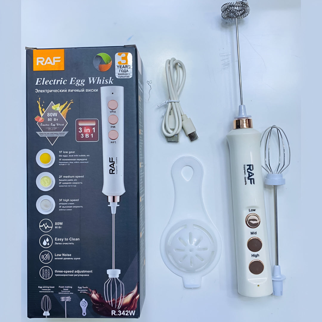 RAF 3-in-1 Rechargeable Milk Frother & Electric Egg Whisk | 3-Speed Handheld Mixer with Stainless Steel Whisk