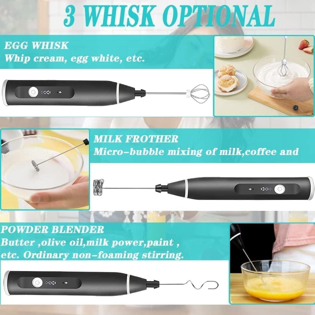 Electric Egg & Milk Frother Blender | Portable USB Rechargeable 3-Speed Handheld Whisk Mixer for Coffee, Cappuccino & More