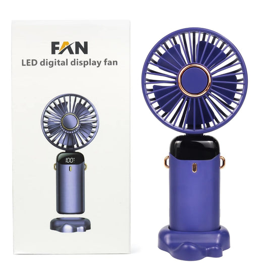 LED Digital Display Fan | Portable USB-C Rechargeable Fan with 5 Speed Modes, 3000mAh Battery, Base & Neck Hanging Strap