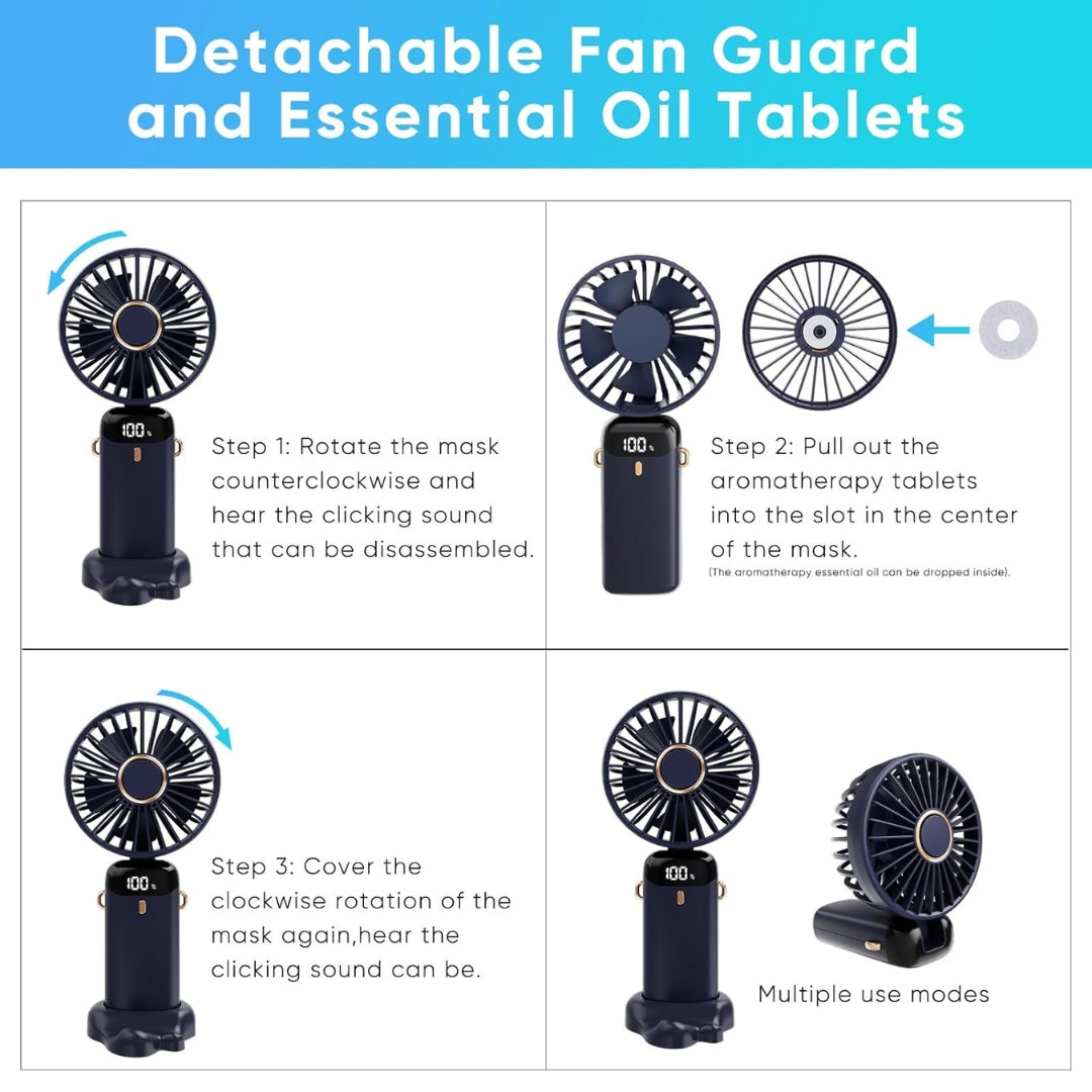 LED Digital Display Fan | Portable USB-C Rechargeable Fan with 5 Speed Modes, 3000mAh Battery, Base & Neck Hanging Strap