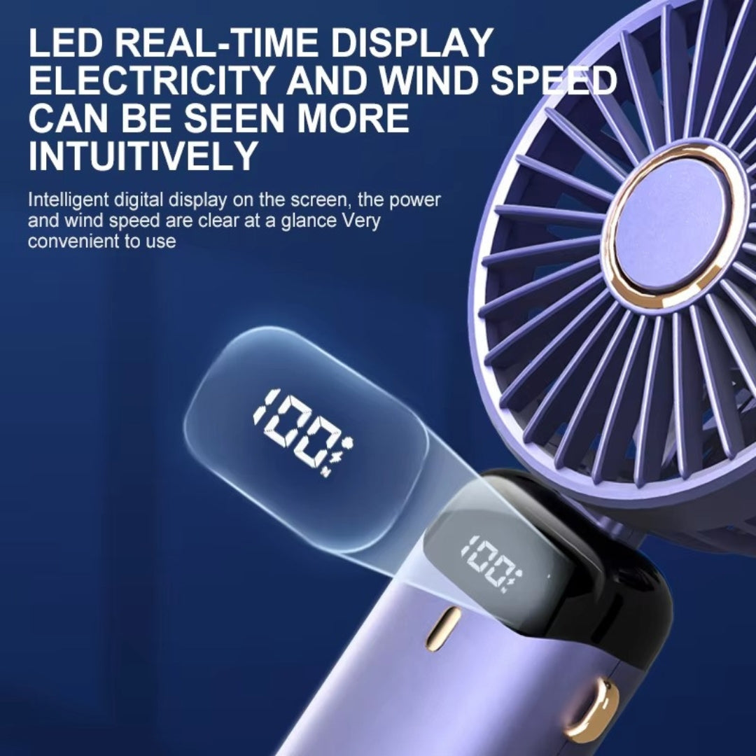 LED Digital Display Fan | Portable USB-C Rechargeable Fan with 5 Speed Modes, 3000mAh Battery, Base & Neck Hanging Strap