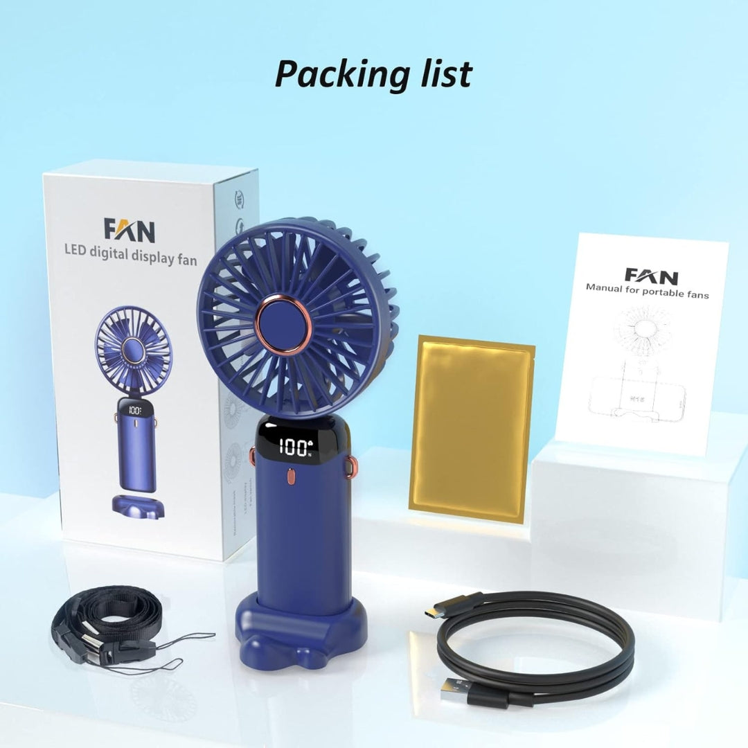 LED Digital Display Fan | Portable USB-C Rechargeable Fan with 5 Speed Modes, 3000mAh Battery, Base & Neck Hanging Strap