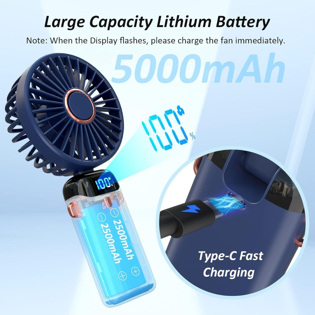 LED Digital Display Fan | Portable USB-C Rechargeable Fan with 5 Speed Modes, 3000mAh Battery, Base & Neck Hanging Strap