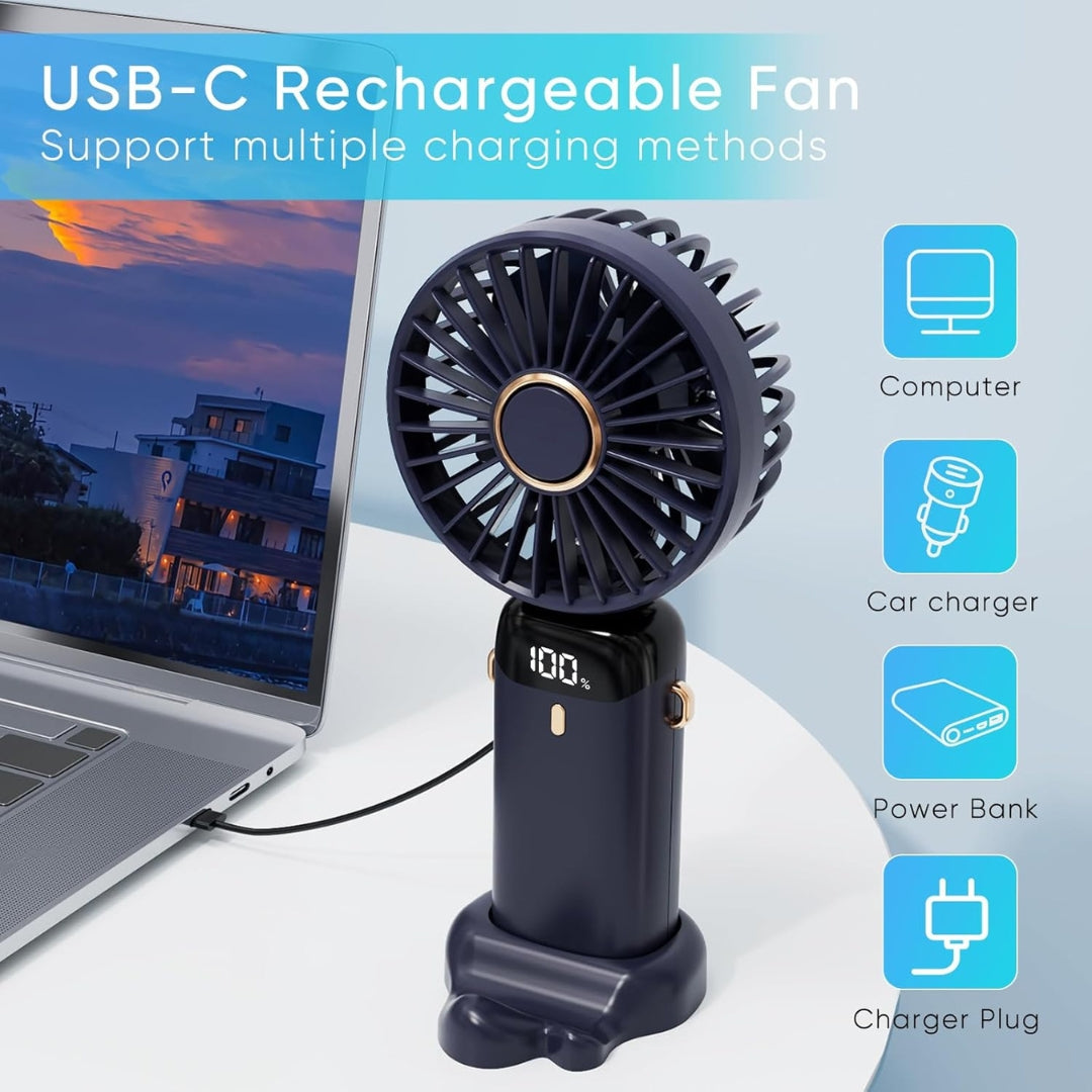 LED Digital Display Fan | Portable USB-C Rechargeable Fan with 5 Speed Modes, 3000mAh Battery, Base & Neck Hanging Strap