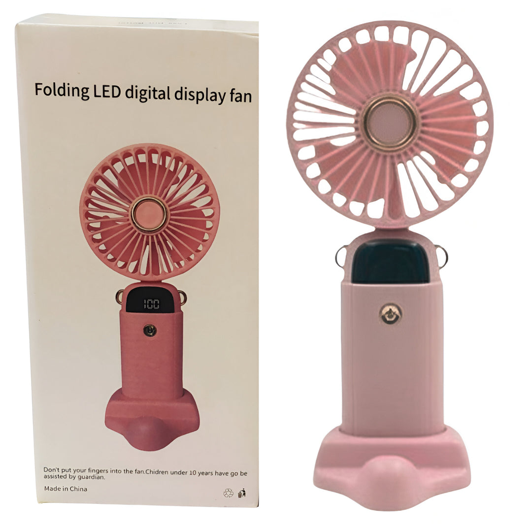 Folding LED Digital Display Mini Fan | Portable Rechargeable Desk & Handheld Fan with 5 Speeds, 3000mAh Battery & USB Charging