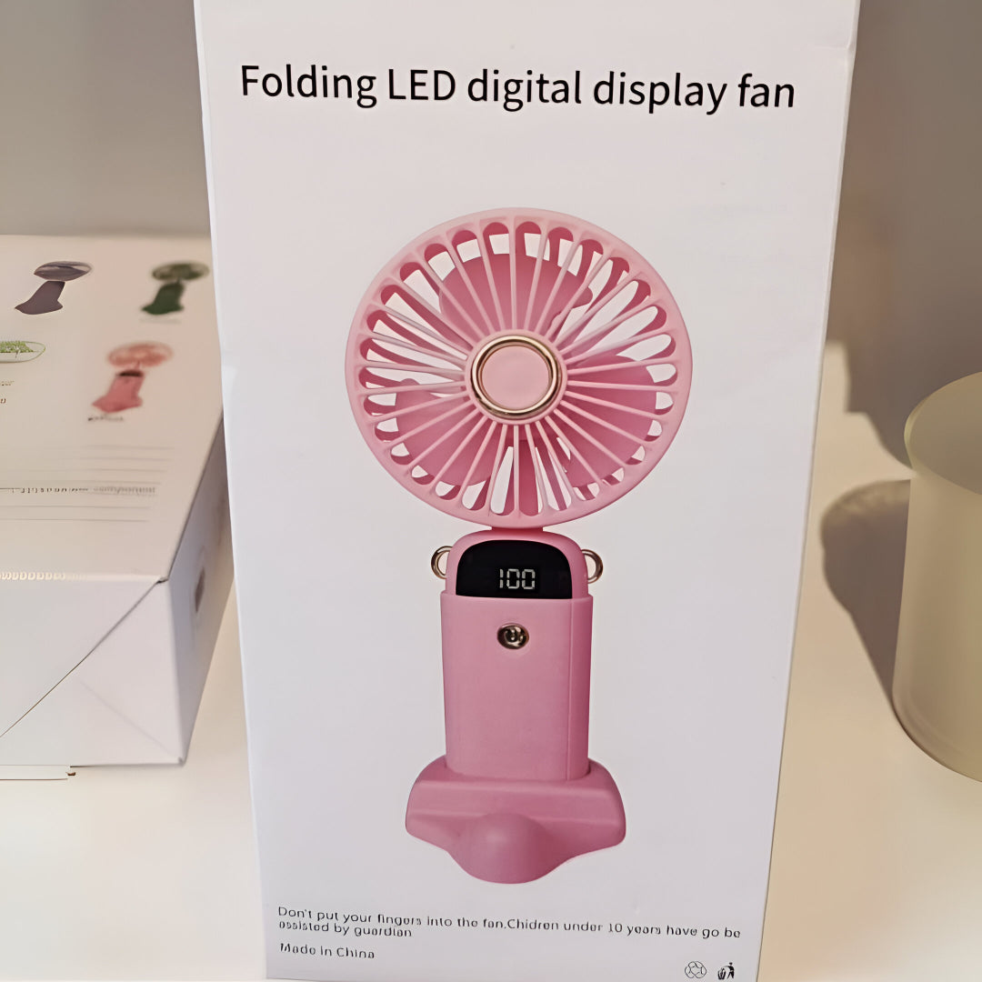 Folding LED Digital Display Mini Fan | Portable Rechargeable Desk & Handheld Fan with 5 Speeds, 3000mAh Battery & USB Charging