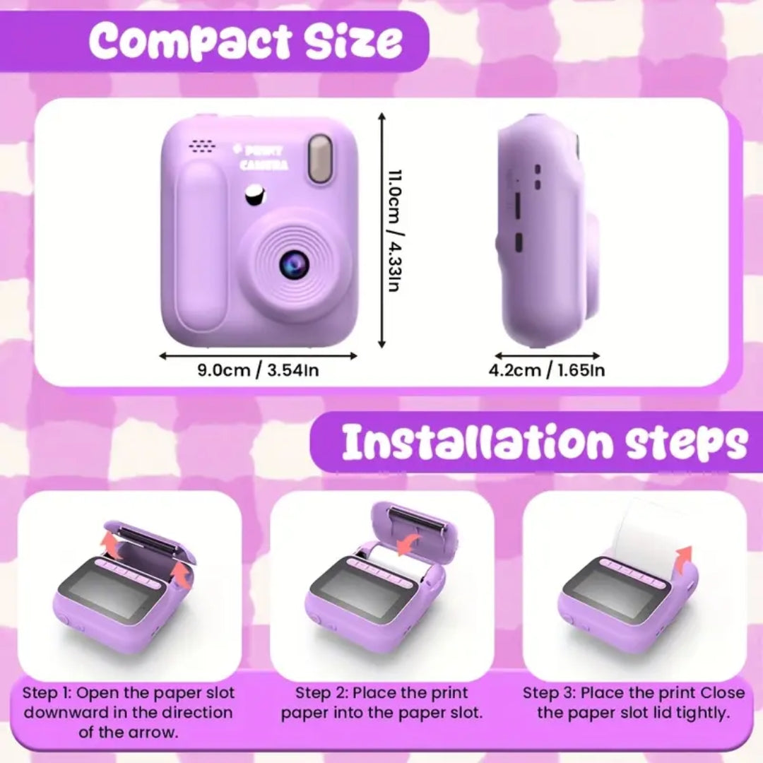 Digital Mini Instant Print Camera for Kids – Digital Educational Toy with 4 Rolls of Color Paper & Strap