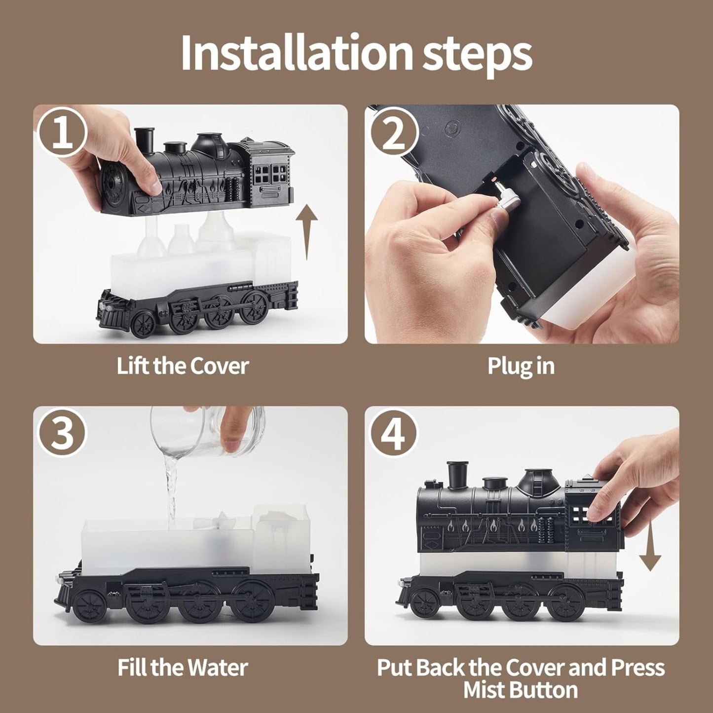 Train Aroma Diffuser & Humidifier – 300ml Ultrasonic Essential Oil Diffuser with LED Flame Effect & Remote Control