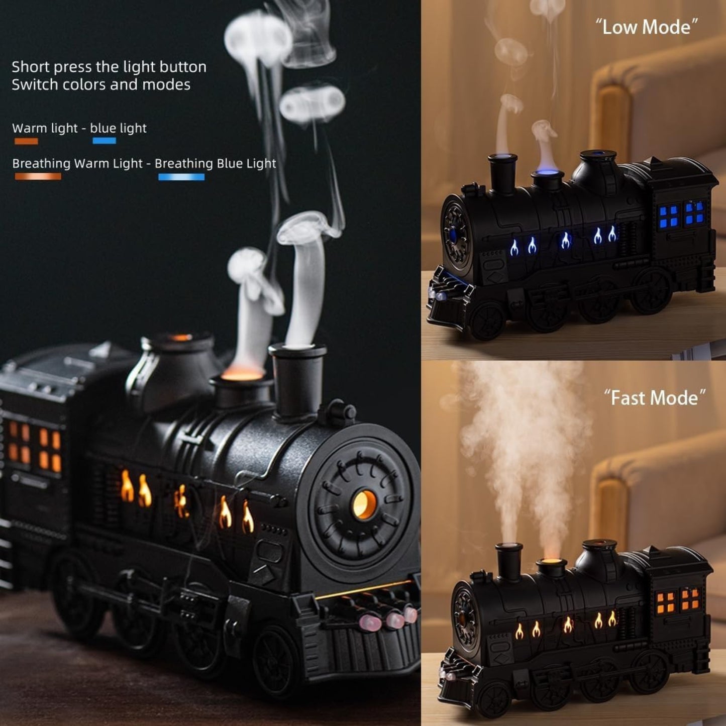Train Aroma Diffuser & Humidifier – 300ml Ultrasonic Essential Oil Diffuser with LED Flame Effect & Remote Control