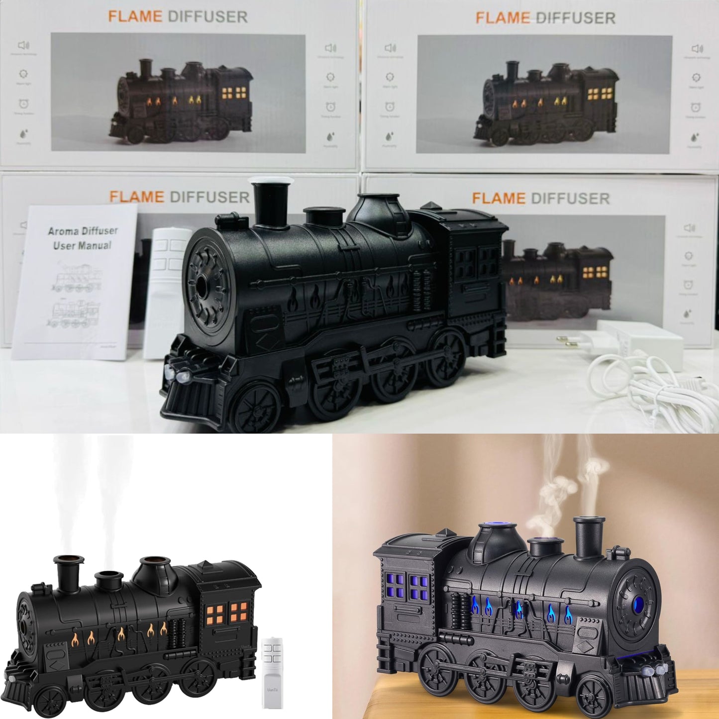 Train Aroma Diffuser & Humidifier – 300ml Ultrasonic Essential Oil Diffuser with LED Flame Effect & Remote Control