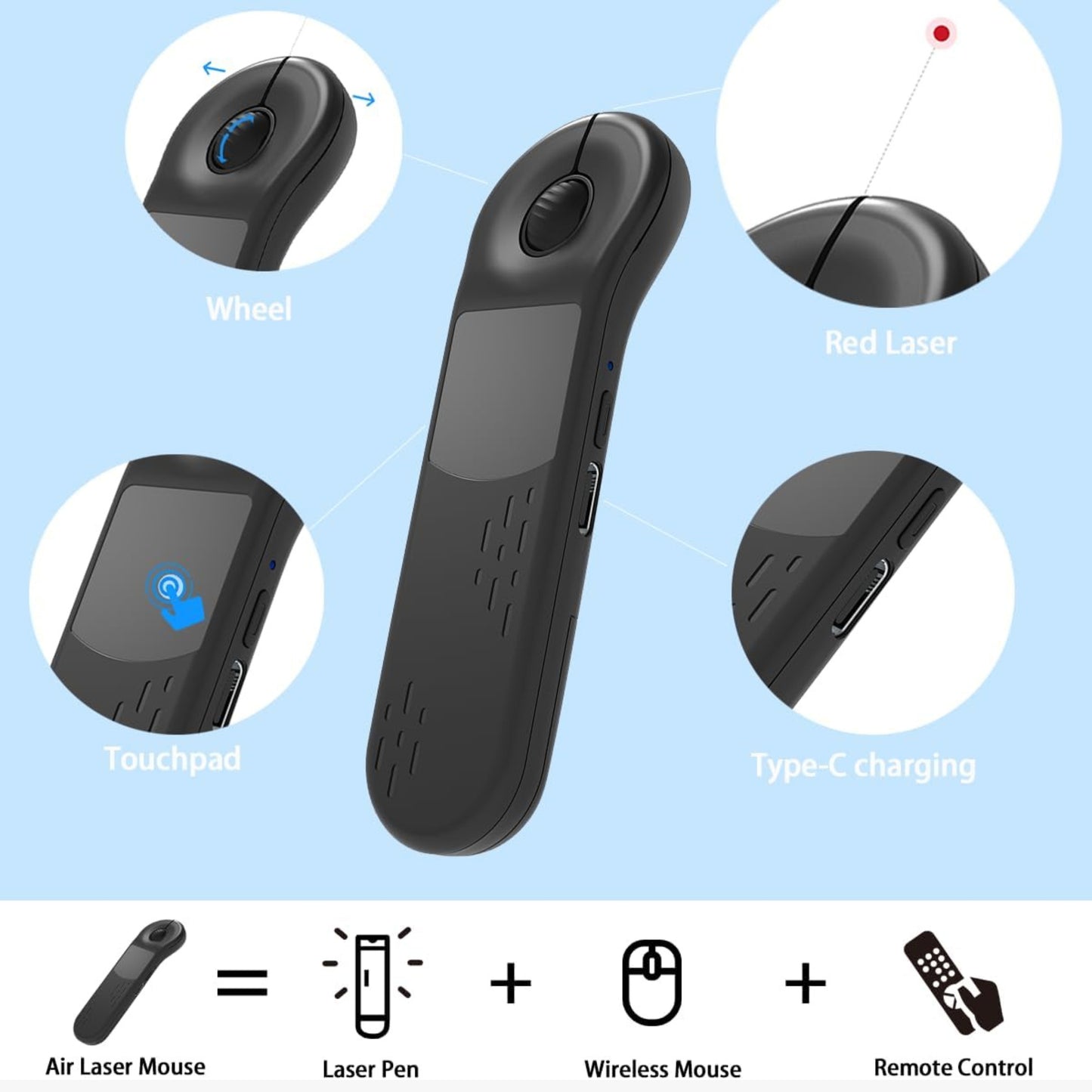 D13 Multi-Functional Air Laser Mouse – Wireless Bluetooth & 2.4G Remote Control, Presentation Clicker with Laser, Voice & Gesture Navigation