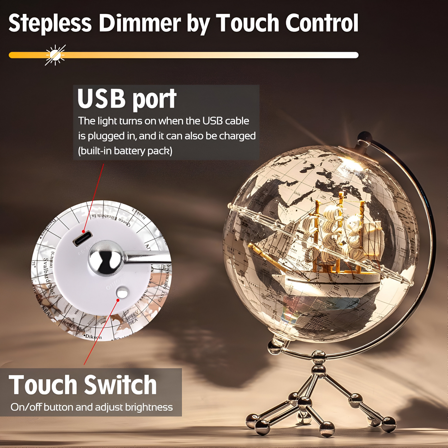 Transparent Illuminated World Globe with Sailboat – 8" Diameter Decorative Desktop Globe